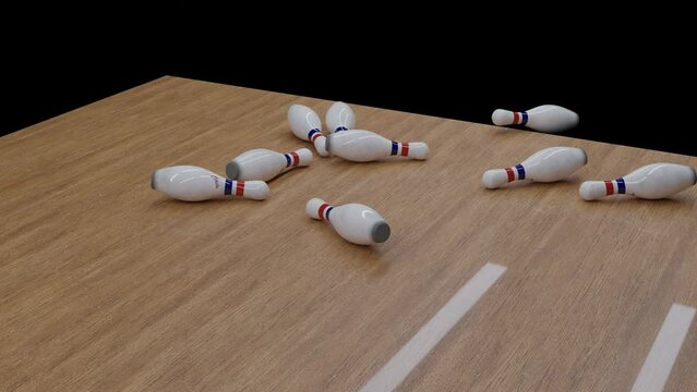 A CGI 3D animation of a bowling ball hitting a strike

