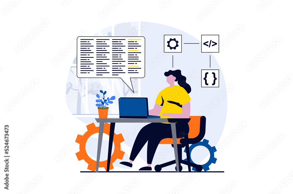 Poster Web development concept with people scene in flat cartoon design. Woman designer creates layouts at laptop, programming and testing code, working in office. Illustration visual story for web