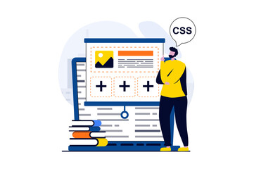 Web development concept with people scene in flat cartoon design. Man designer creates websites layouts and analyzing prototype, programming and testing code. Illustration visual story for web
