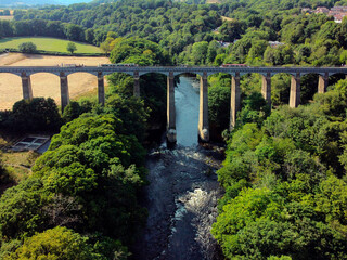 Aerial view of the Pontcysyllte Aqueduct that carries the Llangollen Canal across the River Dee in the Vale of Llangollen in northeast Wales.
