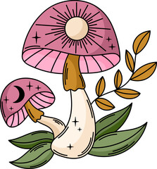 Witchy magic mushrooms vector clipart. Mystical boho celestial mushrooms illustration