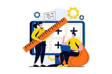 Web development concept with people scene in flat cartoon design. Woman and man designers create layouts, programming and testing code, working in team. Illustration visual story for web
