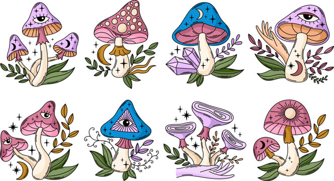 Magic Boho Mushrooms Vector Illustrations Set. Mystical Witchy Celestial Mushrooms Clipart