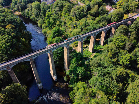 Aerial view of the Pontcysyllte Aqueduct that carries the Llangollen Canal across the River Dee in the Vale of Llangollen in northeast Wales.