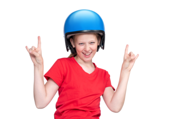 Happy smiling cheerful girl in a red T-shirt and a blue motorcycle helmet raised her hands in a rock gesture, isolated on a transparent background