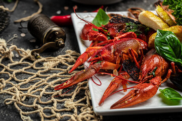 fish crayfish, Tasty boiled crayfishes. Restaurant menu, dieting, cookbook recipe top view