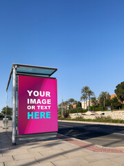 White banner on the bus stop on a street - stock photo