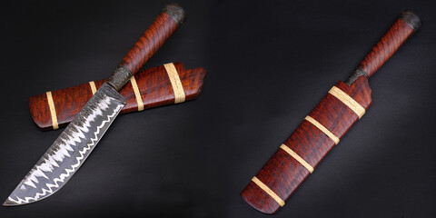 Laminate stainless Damascus camping knife  custom in the natural Tiger patterned wood casing on...