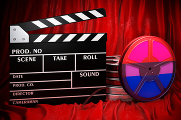 Bisexual flag with clapperboard and film reels on the red fabric, 3D rendering