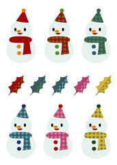 カラフルでかわいい雪だると、パッチワーク風ヒイラギの葉のセット