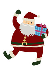 プレゼントを持った、元気でかわいいサンタクロースの手描きイラスト（クリスマス素材）