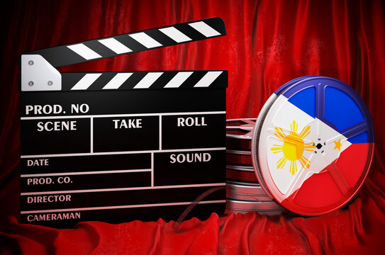 Filipino cinematography, film industry, cinema in Philippines. Clapperboard with and film reels on the red fabric, 3D rendering