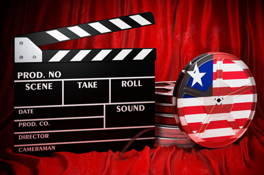 Liberian cinematography, film industry, cinema in Liberia. Clapperboard with and film reels on the red fabric, 3D rendering