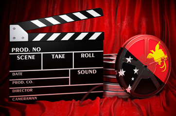 Papuan New Guinean cinematography, film industry, cinema in Papua New Guinea. Clapperboard with and film reels on the red fabric, 3D rendering
