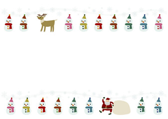 クリスマスの横向きライン・フレーム（雪だるま・サンタクロース・トナカイ）