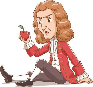 Cartoon character of Sir Isaac Newton looking at apple.	
