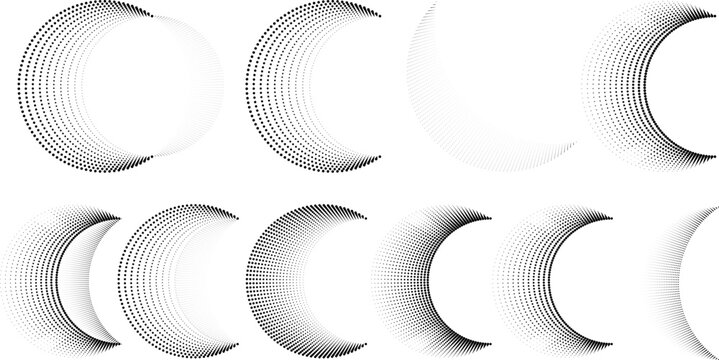 Halftone dots in Semi Circle Form .  Vector Illustration .Technology round. Moon Logo . Design element . Abstract Geometric shape . letter c .