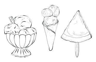 Set of ice cream illustrations isolated on white background. Hand painting illustration