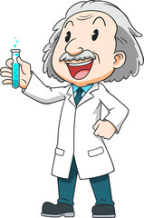 Cartoon character of scientist holding a test tube.	