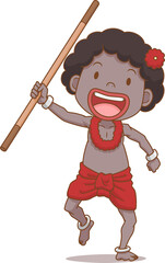 Cartoon character of Sakai boy holding baton, ethnic group of Thailand.	