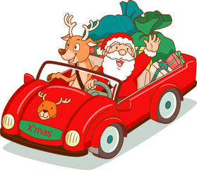 Cartoon vector of Santa Claus driving a car with reindeer sitting beside.	