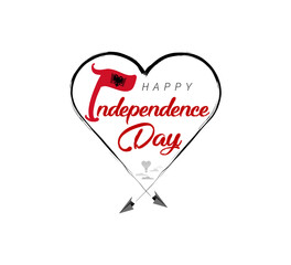 happy independence day of Albania. Airplane draws cloud from heart. National flag vector illustration on white background.