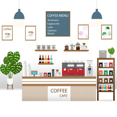 Barista in cafeteria or coffee shop,concept. illustration cafe interior,man in restaurant and coffee