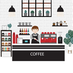 Barista in cafeteria or coffee shop,concept. illustration cafe interior,man in restaurant and coffee