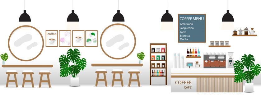 Barista in cafeteria or coffee shop,concept. illustration cafe interior,man in restaurant and coffee