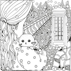 Cute cartoon girl with cat. Winter. Phonebooth door. Snowing. Adult Coloring book page. Firs. Christmas trees. Black and white. Black and white.