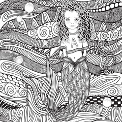 Cute mermaid. Little girl. Underwater Coloring book page for adult and children.  Black and white vector.