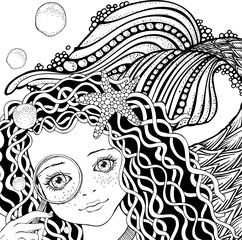 Cute mermaid. Little girl with a magnifying glass. Underwater Coloring book page for adults and children.  Marine black and white.
