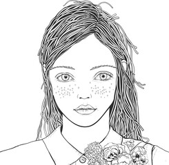 Young beautiful girl and flowers. Zentangle style. Black and white doodle coloring book page for adult and children.