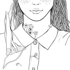 Girl and flowers in white medical face mask. Coloring book page. Novel coronavirus (2019-nCoV). Black and white Vector illustration.