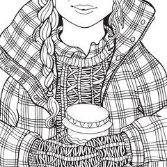 Winter girl and coffee. Adult Coloring book page.  Hand-drawn  illustration.  Zentangle. Coloring book page for adult and children.