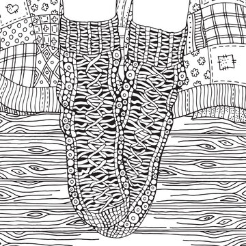 Wool socks on a white background. Zentangle style. Adult Coloring book. Black and white. hand-drawn, Sketch.