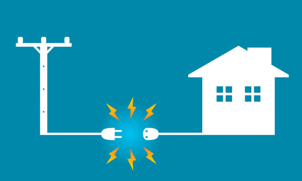 White Voltage Power Electric Pole To Transmit Electricity To House Or Home Power Failure Outage Plug And Socket Unplug On Blue Background Icon Flat Vector Design.