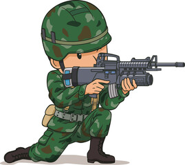 Cartoon character of soldier pointing a gun.