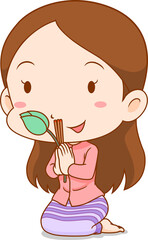 Cartoon Thai girl praying with incense sticks and lotus.