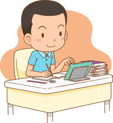 Cartoon illustration of boy studying online from home.	