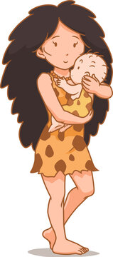 Cartoon cavewoman carrying baby.