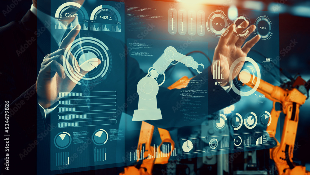 Poster engineer use cybernated robotic software to control industry robot arm in factory . automation manuf