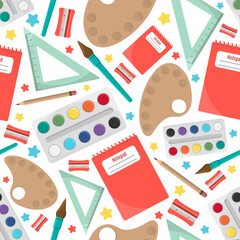 Seamless pattern with school supplies: paints,brushes,rulers,albums,palettes,pencils.Changeable pattern background.Bright color drawing in flat style on white background. School and student education.