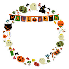 ステッカー風素材：カラフルでにぎやかなハロウィン用フレーム（円形）