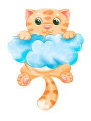 watercolor illustration cat on cloud cute childish