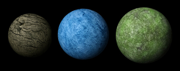 three texture planet, crack dead planet, blue water with cloud texture planet, green and stone texture life planet 3d illustration
