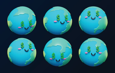 Cute and adorable 3d Earth with dollar symbols emoji character emoticons vector set. 3d cartoon Earth icons. EPS10