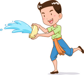 Boy splashing water with water bowl in Songkran festival.
