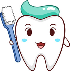Cartoon Illustration of tooth holding toothbrush.