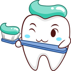 Cartoon Illustration of tooth holding toothbrush.